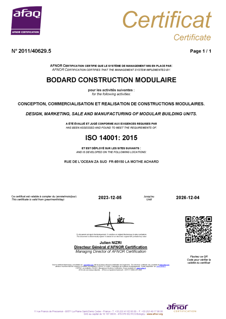 Certificat ISO 14001 - Bodard